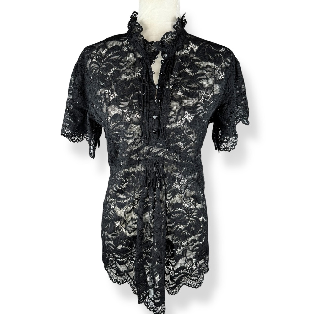 Paco Rabanne Black Lace Top Womens Size 42 Sheer Ruffle Dark Romantic Goth Luxe